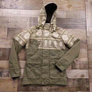 Burton Aztec Print Insulated Snowboard Jacket Women’s XS Olive Green Beige Hood